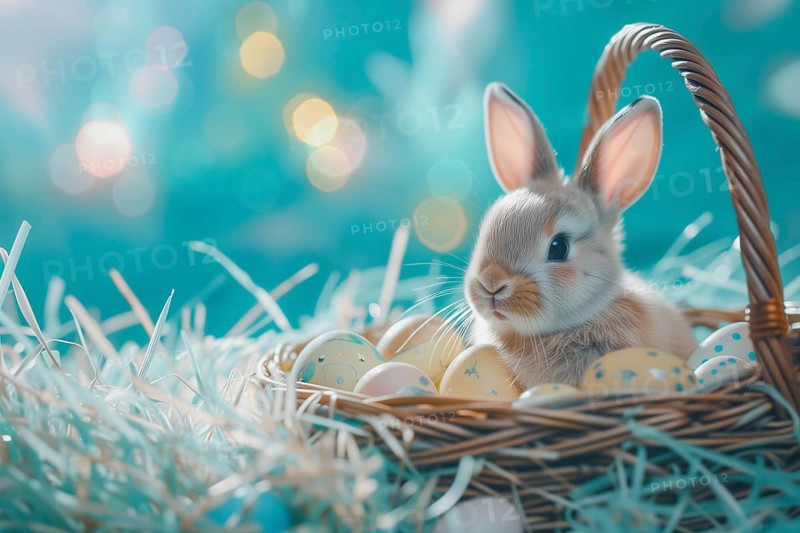 Cute Easter bunny sits beside a basket filled with colorful, decorated eggs amidst a vibrant green field under the bright, sunny sky. The festive spirit of Easter and the joy of nature, AI generated