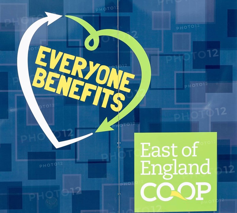 Everyone Benefits East of England Co-operative Society shop advertising boards hoardings, Woodbridge, Suffolk, UK
