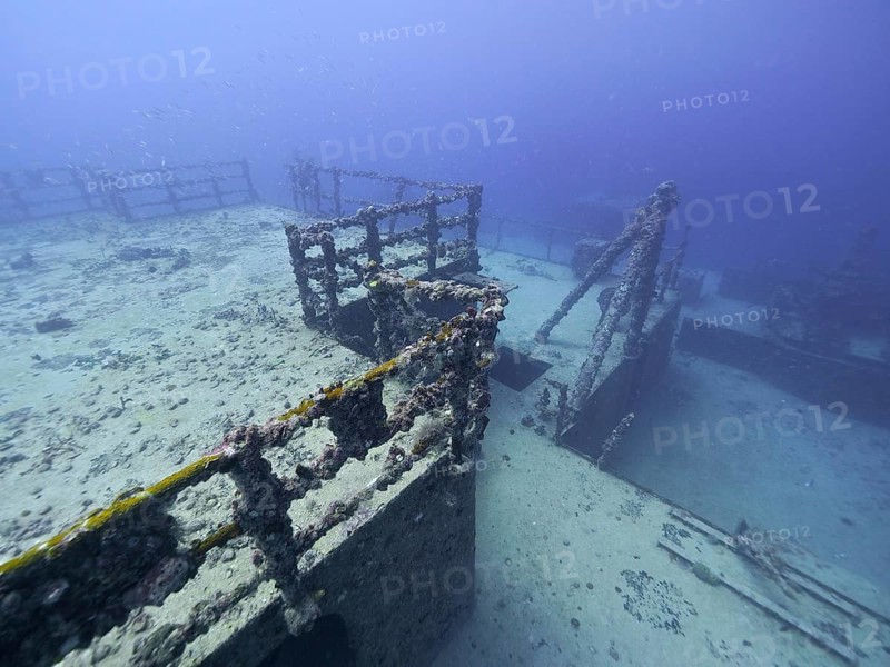 Deck and steel stairs of an abandoned shipwreck under water, dive site wreck of the USS Spiegel Grove, John Pennekamp Coral Reef State Park, Key Largo, Florida Keys, Florida