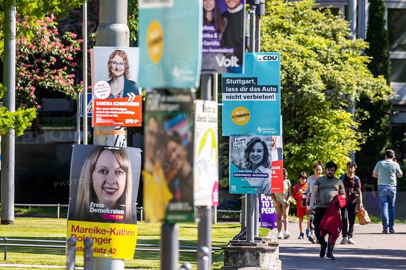 Regional election on 9 June 2024, local council election. Election posters of the parties in Stuttgart, Baden-Württemberg, Germany, Europe