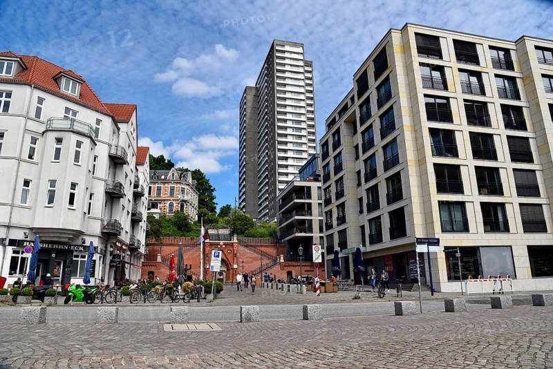 Europe, Germany, Hanseatic city of Hamburg, district Altona, Große Elbstraße, view to the Köhlbrand staircase from 1887, staircase from the Elbe, brick building with fountain with coat of arms of Altona and Prussia, wall surfaces of the staircase with Mercury and Neptune illustration, Europe