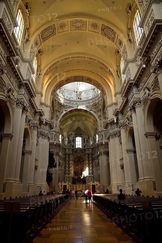 Europe, Germany, Bavaria, Munich, Odeonsplatz, Theatine Church from 1663, St Cajetan, founder of the Theatine Order, interior view, view to the altar and ceiling vault, Hamburg, Hamburg, Federal Republic of Germany, Europe