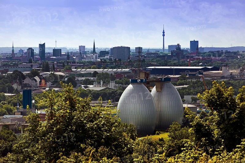 City panorama from Deusenberg with digesters and Florianturm, Dortmund, Ruhr area, North Rhine-Westphalia, Germany, Europe