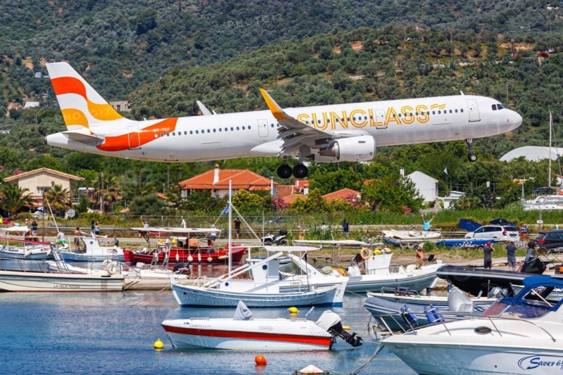 An Airbus A321 Sunclass aircraft with the registration number OY-TCF at Skiathos Airport, Greece, Europe