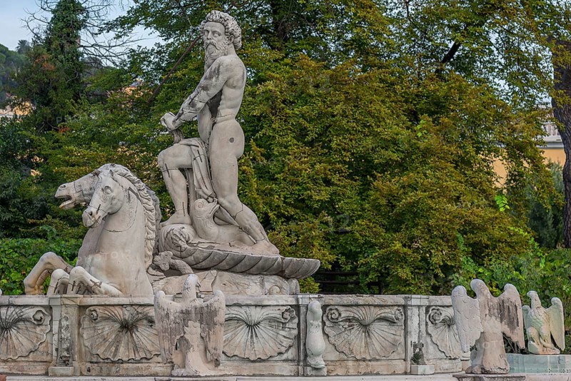 Detailed view of the Neptune Fountain around 1900, in the garden of the Villa del Principe, behind the harbour with elevated road, Palazzo di Andrea Doria, Piazza dei Principe, Genoa. Italy