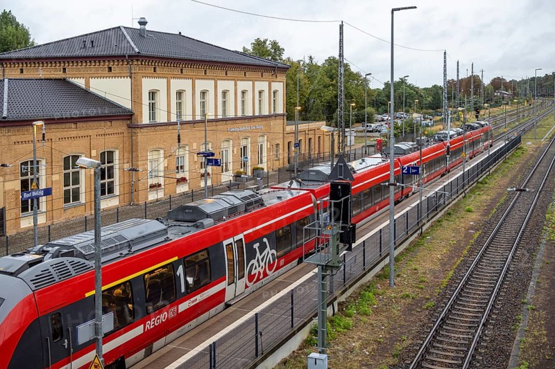 Railway station with station building and regional railway. Bad Belzig, Brandenburg, Germany, Europe