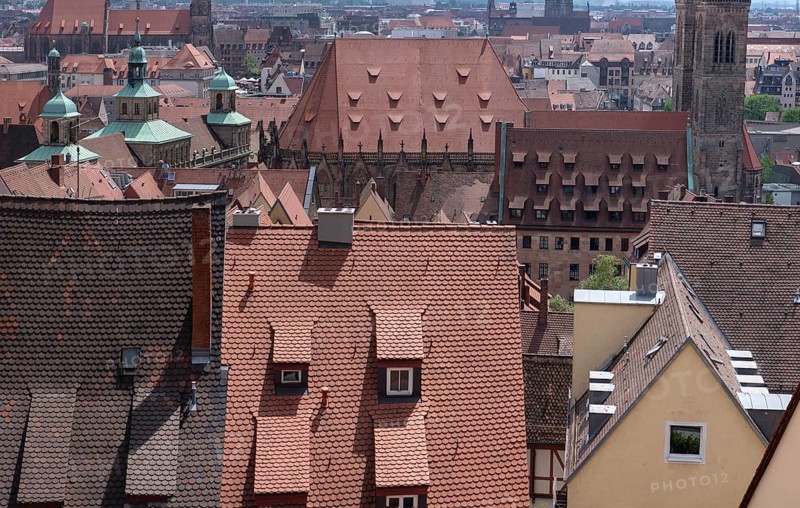 View of the roofscape of the historic city centre from the castle's parapet, Nuremberg, Middle Franconia, Bavaria, Germany, Europe