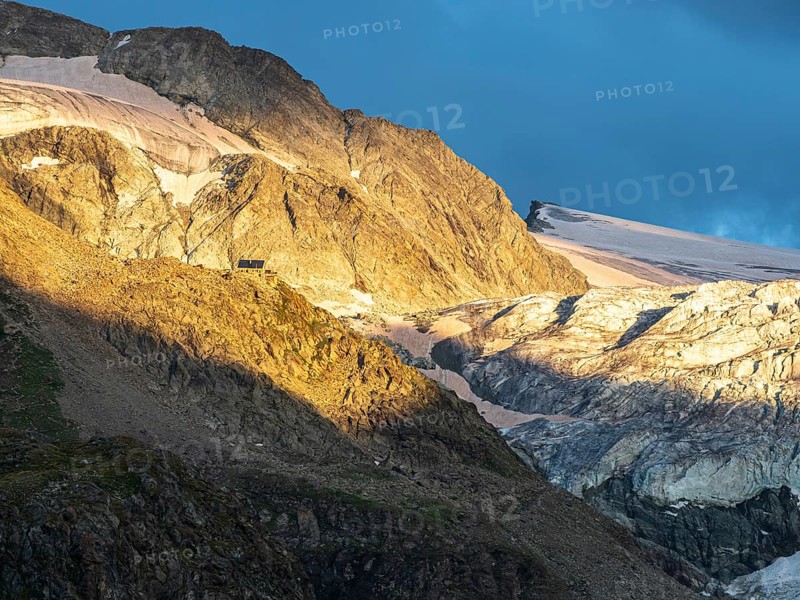 Mountain hut Cabane de Moiry at sunset, Moiry glacier, Valais, Switzerland, Europe
