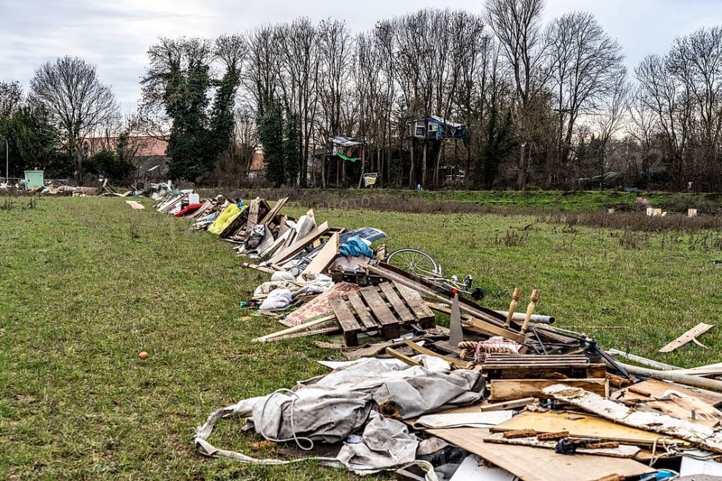 Barricades, obstacles, in the camp of climate activists in the rest of the village of Lützerath, which is the last place to be excavated at the Garzweiler 2 open-cast lignite mine, North Rhine-Westphalia, Germany, Europe