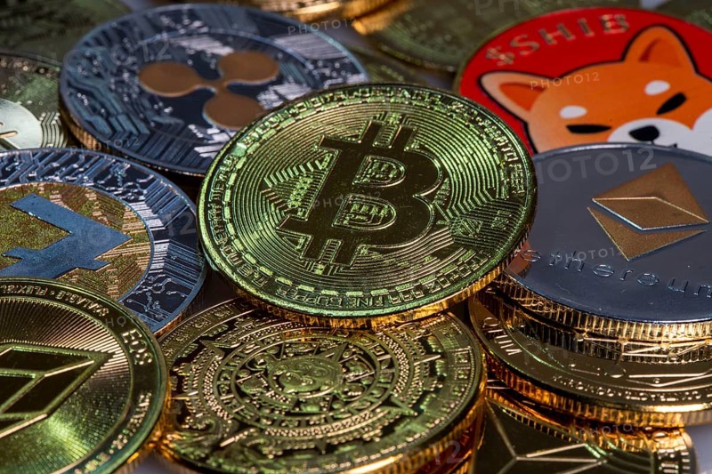 Various cryptocurrencies, symbol coins, optical placeholder for the digital currency, blockchain, Bitcoin, Ripple, Ethereum, Shiba Inu, Eos, Litecoin, Monero, Stellar, Adalevea, Qtum Blockchain, Tron, Maya