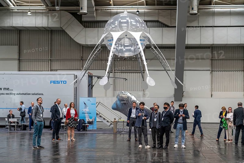 Mechanical flying objects, filled with helium, controlled by fine mechanics, movements copied from animals, birds, fish, bionics applied, to illustrate technical processes, by automation specialists Festo, at the Hannover Messe, Lower Saxony, Germany, Europe