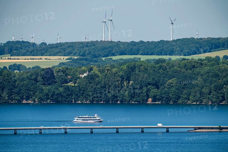 Lake Möhne, reservoir in the northern Sauerland, north-west bank, Delecker Bridge, excursion boat, North Rhine-Westphalia, Germany, Europe