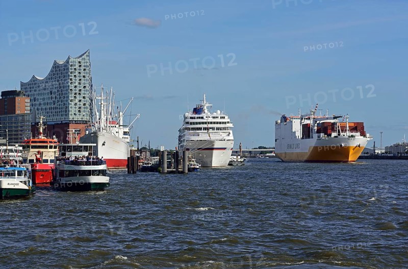 Europe, Germany, Hanseatic City of Hamburg, Elbe, Cap San Diego, Museum Ship, Passenger Ship Europe, Elbe Philharmonic Hall, Cargo Container Ship Grande Abidjan, Europe