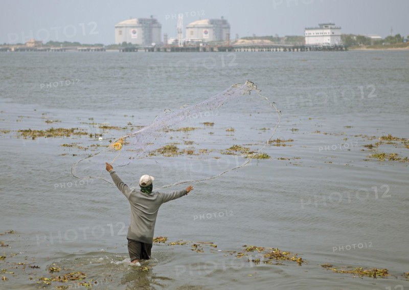 Indian fisherman throws his net into the Arabian Sea, Kochi, Kerala, India, Asia
