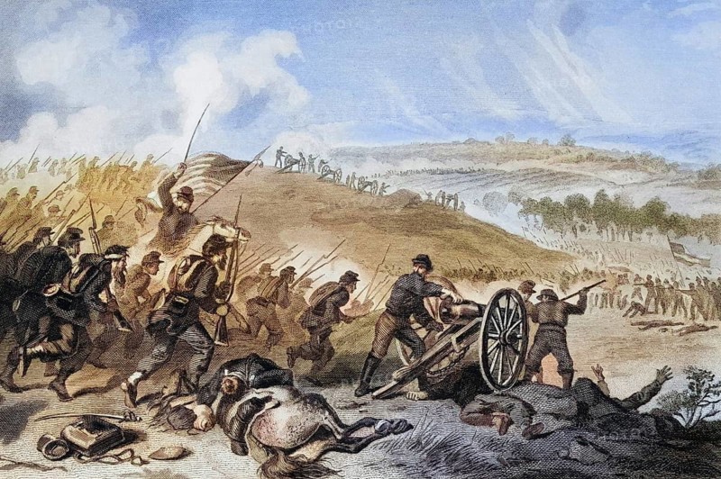 Battle of Gettysburg, Pennsylvania, July 1863, Last attack of the Union troops at Cemetery Hill, USA, Historical, digitally restored reproduction from a 19th century original, Record date not stated, North America