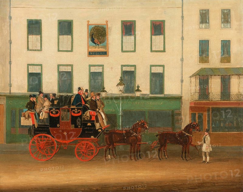 The London-Manchester stagecoach, the Peveril of the Peak, in front of the Peacock Inn, Islington, 1835, England, Historic, digitally restored reproduction from a 19th century original, Record date not stated
