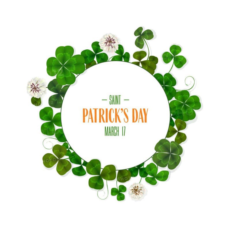 St Patrick's Day round text card. Editable copy space shamrock vector illustration. Green clover leaves and flowers border and round frame isolated on white background