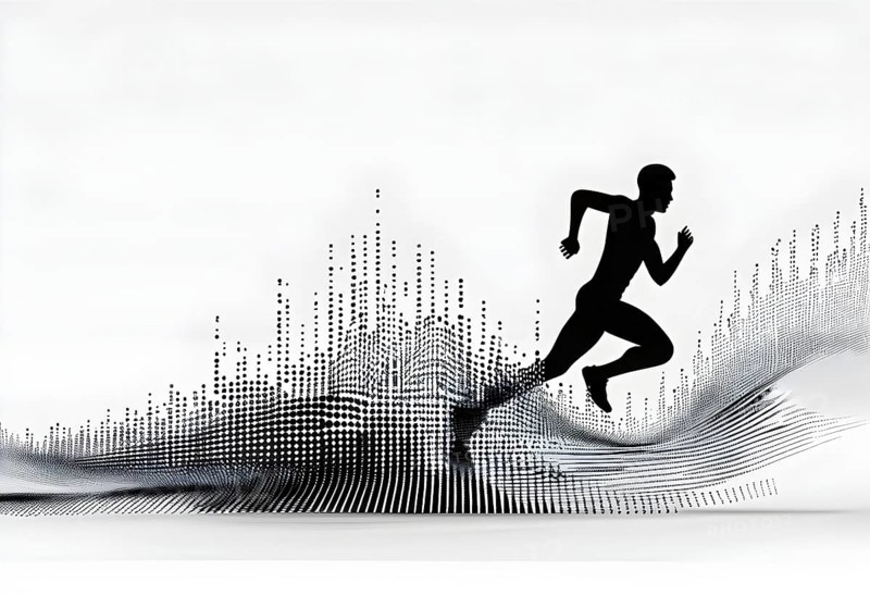 Wave of data points shaping into a runners silhouette, abstract illustration in black and white, conveying speed and precision guided by AI, AI generated