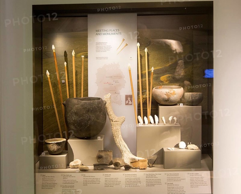 Display of objects found deposited at Neolithic meeting places and monuments in Wiltshire. With permission of Wiltshire Museum, Devizes, England, UK