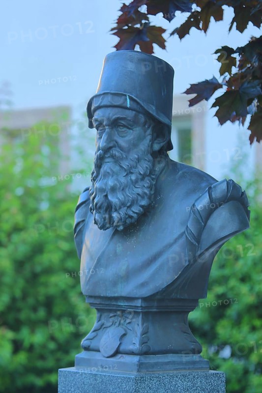 Bust and monument to mathematician Adam Ries in front of the museum, Riese, Annaberg-Buchholz, Central Erzgebirge, Erzgebirge, Saxony, Germany, Europe