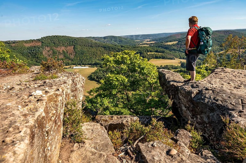 Eugenienstein, view into the Rur valley, landscape along the red sandstone route, in the Rureifel, near Nideggen, Düren district, North Rhine-Westphalia, Germany, Europe
