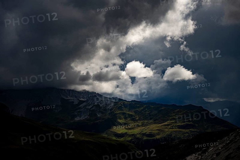 Montafon mountains with dramatic cloudy sky, Tschagguns, Rätikon, Montafon, Vorarlberg, Austria, Europe