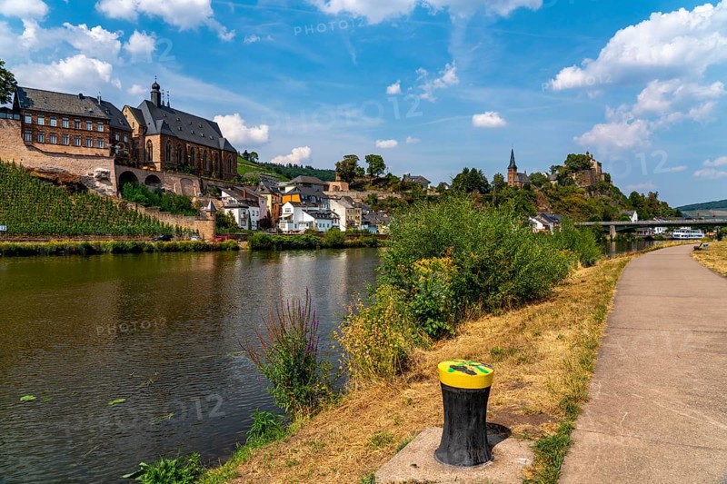 The town of Saarburg, on the Saar, castle, Protestant church, old town bridge, excursion boat, Rhineland-Palatinate, Germany, Europe