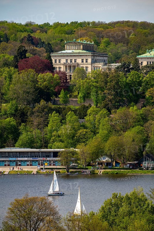 Villa Hügel, seat of the Krupp industrial family, above Lake Baldeney, today the seat of the Alfried Krupp von Bohlen und Halbach Foundation, museum, Hügelpark, Essen, North Rhine-Westphalia, Germany, Europe