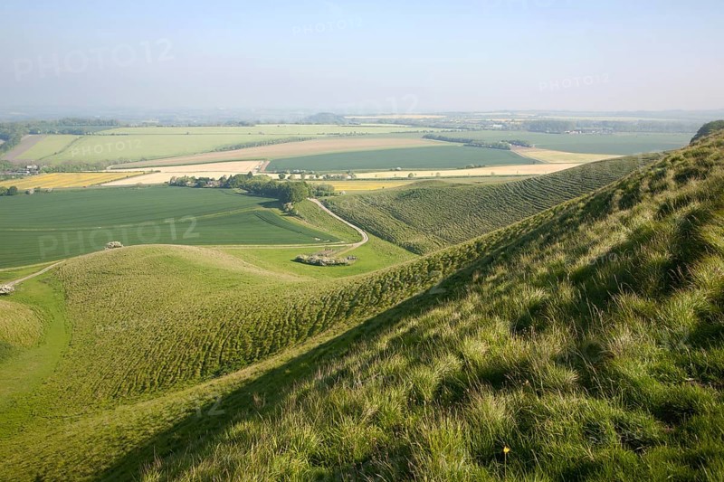 Summer view arable fields chalk landscape from Cherhill Down escarpment, Wiltshire, England, UK