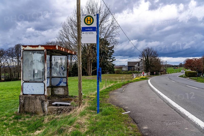 Old, dilapidated bus shelter on a country road, B 483, near Radevormwalde Landwehr, bus route 339, North Rhine-Westphalia, Germany, Europe