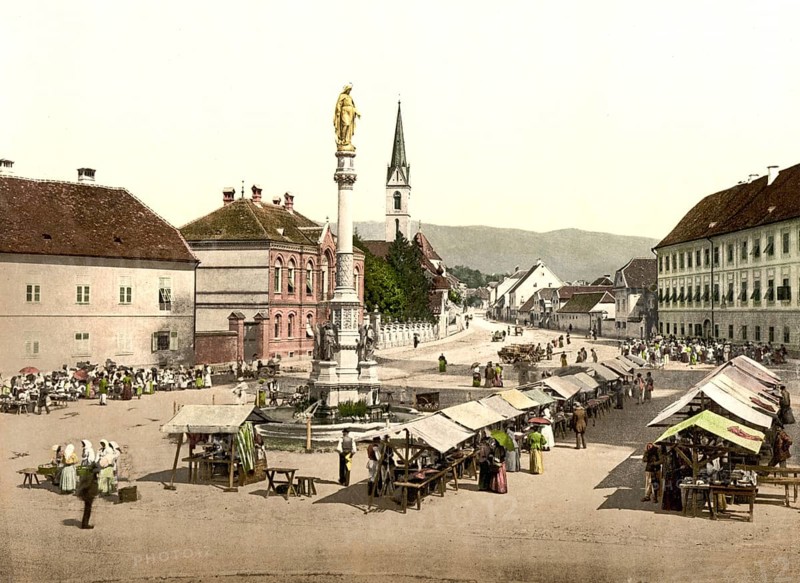 Agram, now Zagreb, Capital Palace, with Maria Statue, by Fernkorn, Croatia, Austro-Hungary, digitally restored reproduction from a 19th century original, record date not stated, now Zagreb, Capital Palace, with Maria Statue, by Fernkorn, Croatia, Austro-Hungary, digitally restored reproduction from a 19th century original, record date not stated, Europe