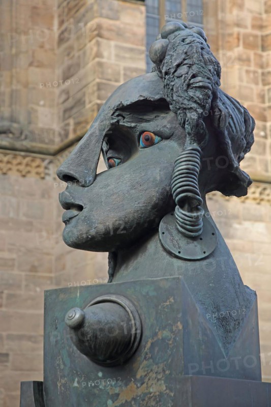 Sculpture Lech and Malsche by Jürgen Goertz, Malsche, female figure, head, face, bizarre, abstract, modern, whimsical, bronze, nose, hole, eyes, Johann-Sebastian-Bach-Platz, Ansbach, Middle Franconia, Franconia, Bavaria, Germany, Europe