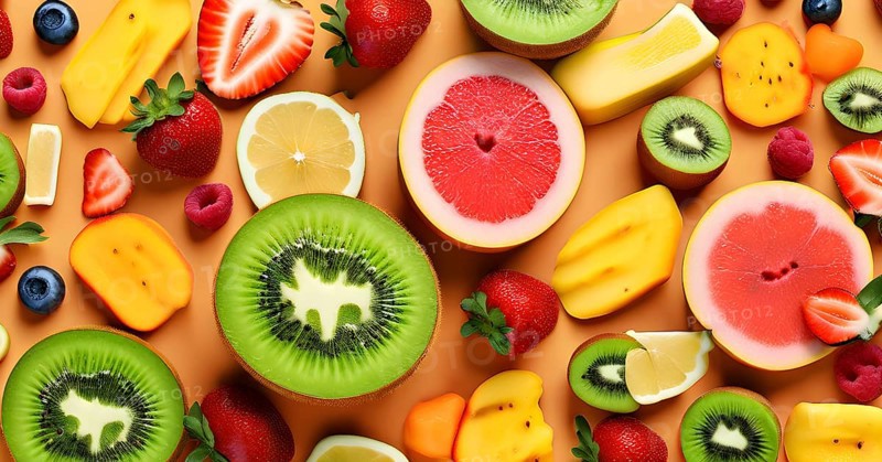 Colorful and artfully arranged slices of fruits like mangoes, strawberries, and kiwi, AI generated