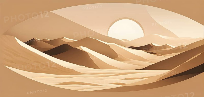Abstract desert scene with triangular sand dunes and a single circular sun, using sharp lines and subtle gradients in neutral earth tones, AI generated