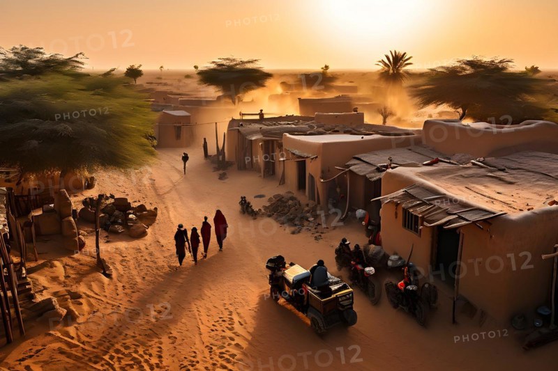 Village with traditional mud houses nestled in the thar desert, AI generated