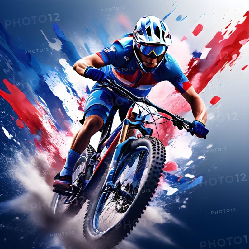 Olympic 2024 mountain biker metamorphosed into fluid abstract shapes french tricolor blue white red, AI generated