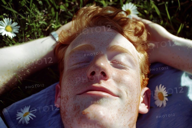 Teenager, young fair-skinned man with red hair and freckles lying on a spring meadow and basking in the first spring sun, health risk, possible late effects, risk of skin cancer due to intense UV radiation that can cause sunburn, AI generated, AI generated, AI generated