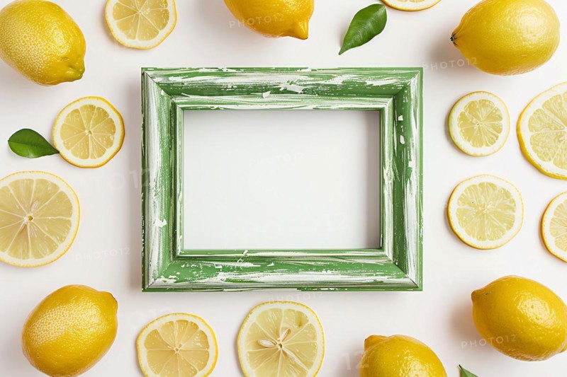 Top view of empty green vintage style picture frame surrounded by whole lemon fruits and slices on white background. KI generiert, generiert AI generated