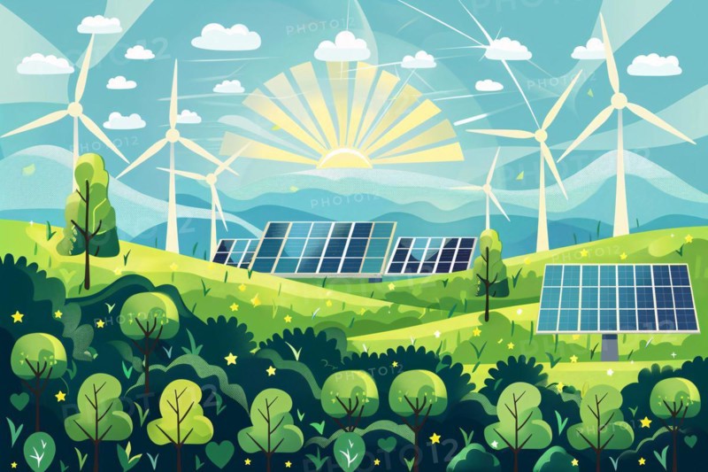 Renewable energy concept illustration with wind turbines and solar panels. KI generiert, generiert, AI generated