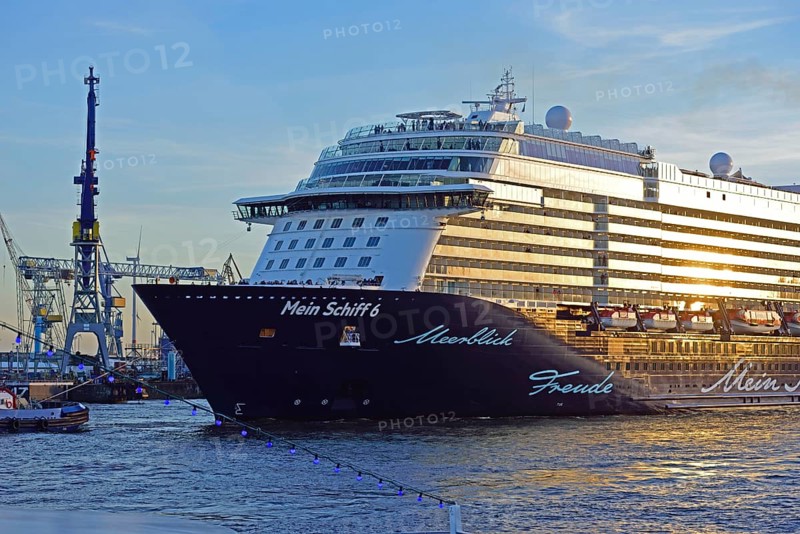 Europe, Germany, Hamburg, Elbe, passenger ship, Mein Schiff 6, arriving, left floating dock, evening light, Hamburg, Hamburg, Federal Republic of Germany, Europe