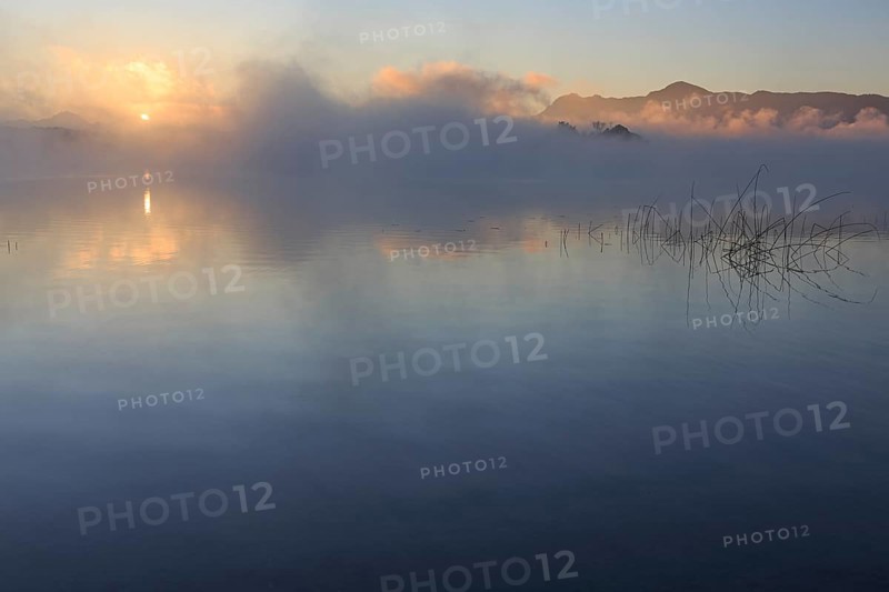 Morning atmosphere, fog, lake, sunrise, mountains, silence, tranquillity, Staffelsee, Murnau, Alpine foothills, Bavaria, Germany, Europe