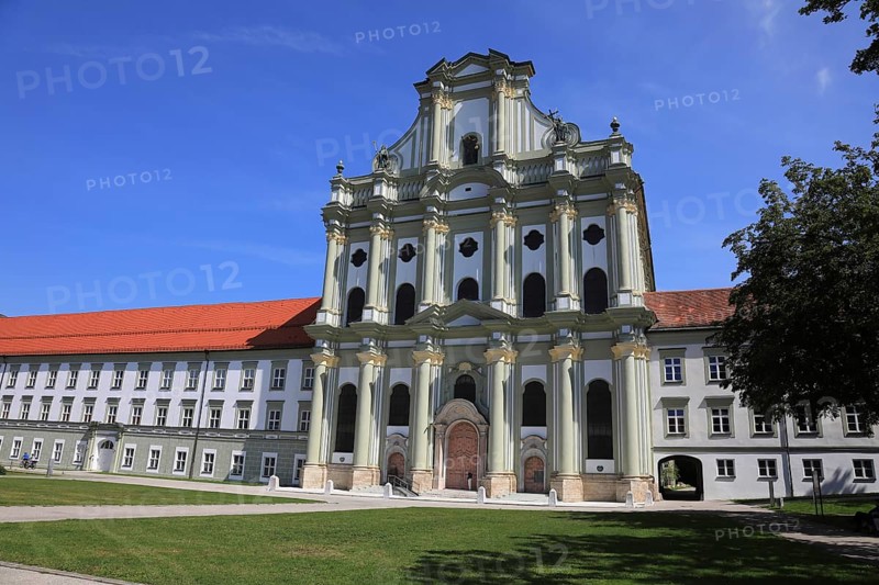Facade of the Cistercian Abbey Church Fürstenfeld in Fürstenfeldbruck, Upper Bavaria, Bavaria, Germany, Europe