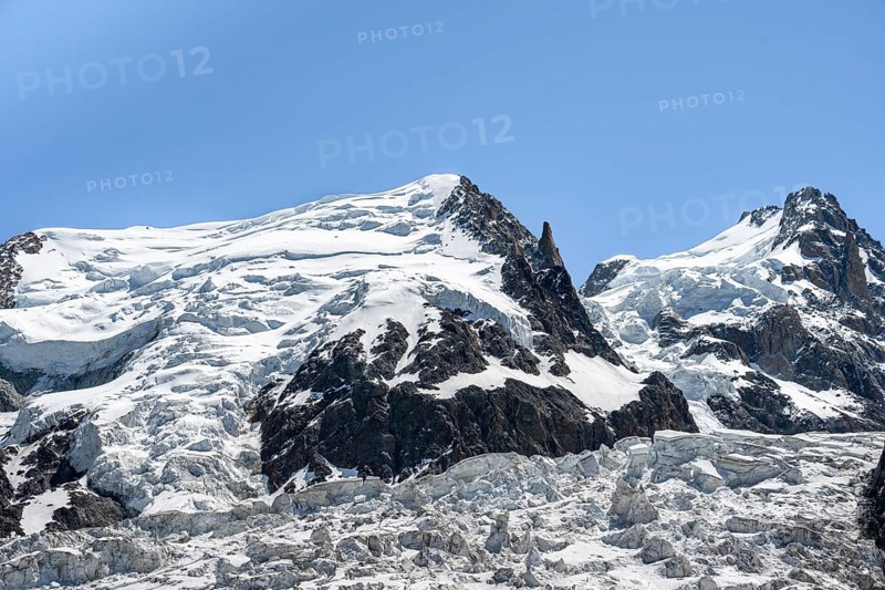 La Jonction, glacier tongue, Glacier des Bossons meets Glacier de Taconnaz, summit of Mont Maudit and Mont Blanc, Chamonix, Haute-Savoie, France, Europe