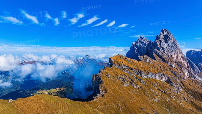 The Sas Rigais and Furchetta peaks of the Odle Group, drone shot, Val Gardena, Dolomites, Autonomous Province of Bolzano, South Tyrol, Italy, Europe
