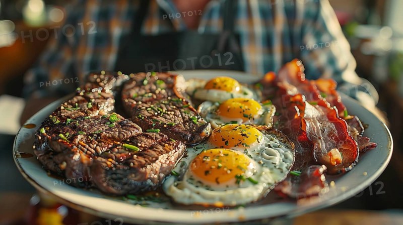 Man holding out A plate filled with steak, bacon and eggs. generative AI, AI generated