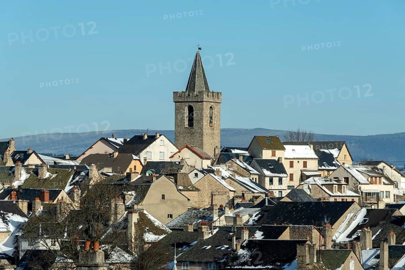 Dungeon Tower of Saint Chely d'Apcher in winter, Margeride, Lozere department, Occitanie, France, Europe