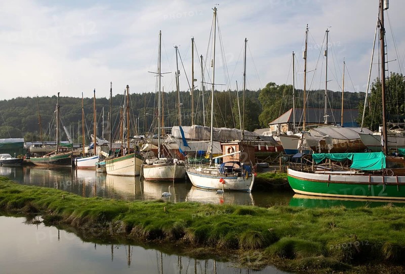 Boats on the Helford River in boatyard at Gweek, Cornwall, England, United Kingdom, Europe
