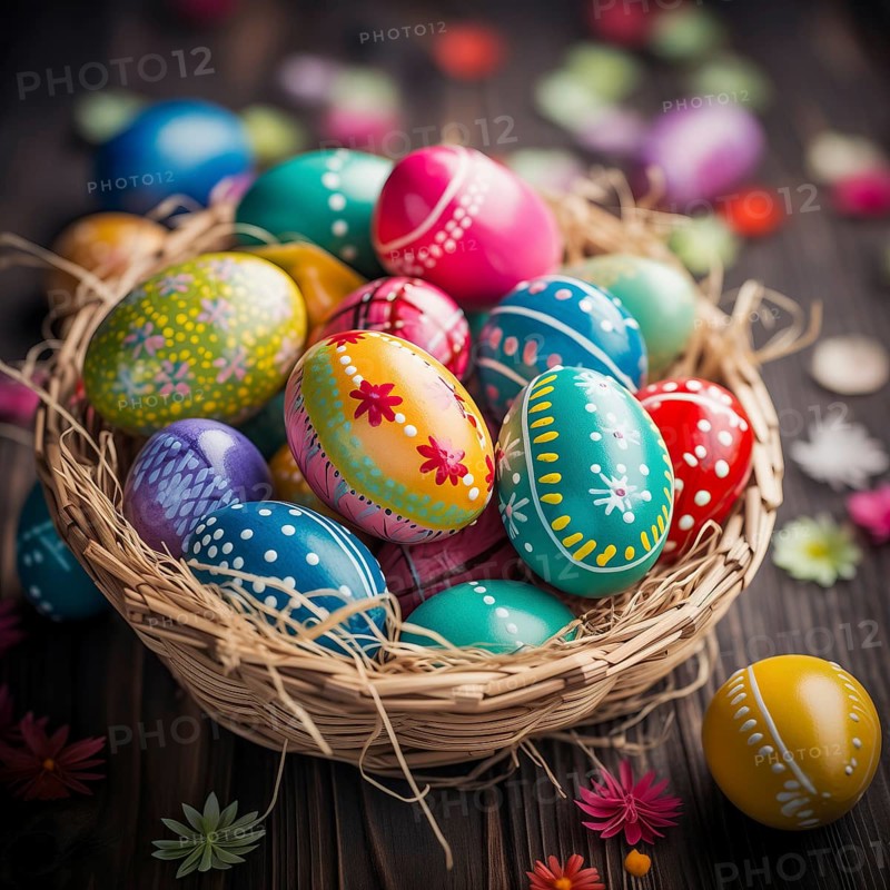 Easter celebration, featuring a collection of brightly colored eggs, each intricately painted with various patterns and designs, placed in a wicker basket, AI generated