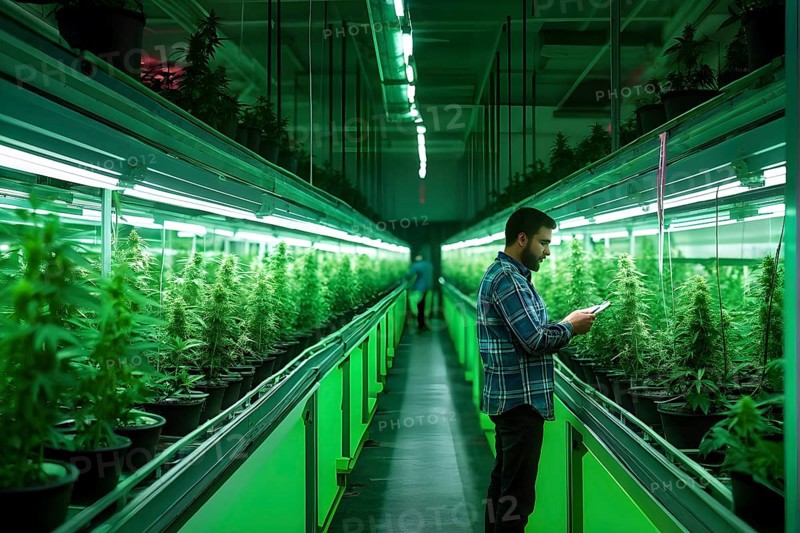 Cannabis cultivation facility in flourishing condition neatly arranged rows of vibrant green plants, AI generated