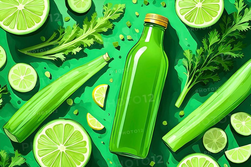 Abstract wallpaper composition with bottle of delicious green detox juice and fruits and vegetables, AI generated
